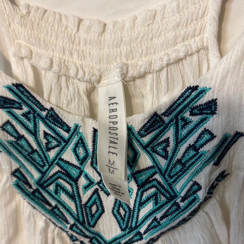 Aeropostale White and Blue Embroidered Top
